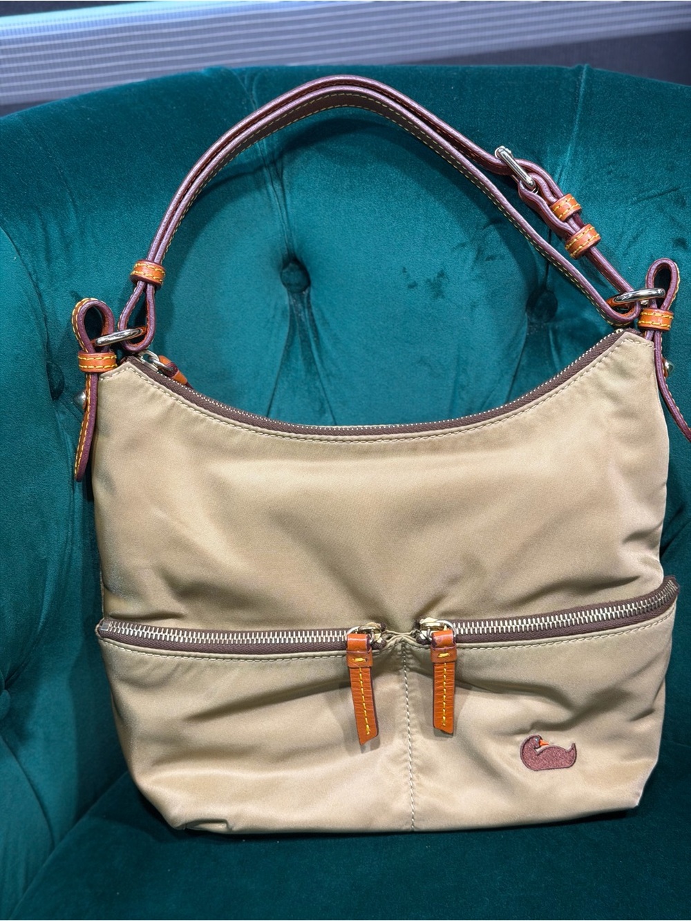 Dooney & Bourke Nylon Shoulder Bag Signature Duck Pattern Olive Green Tan